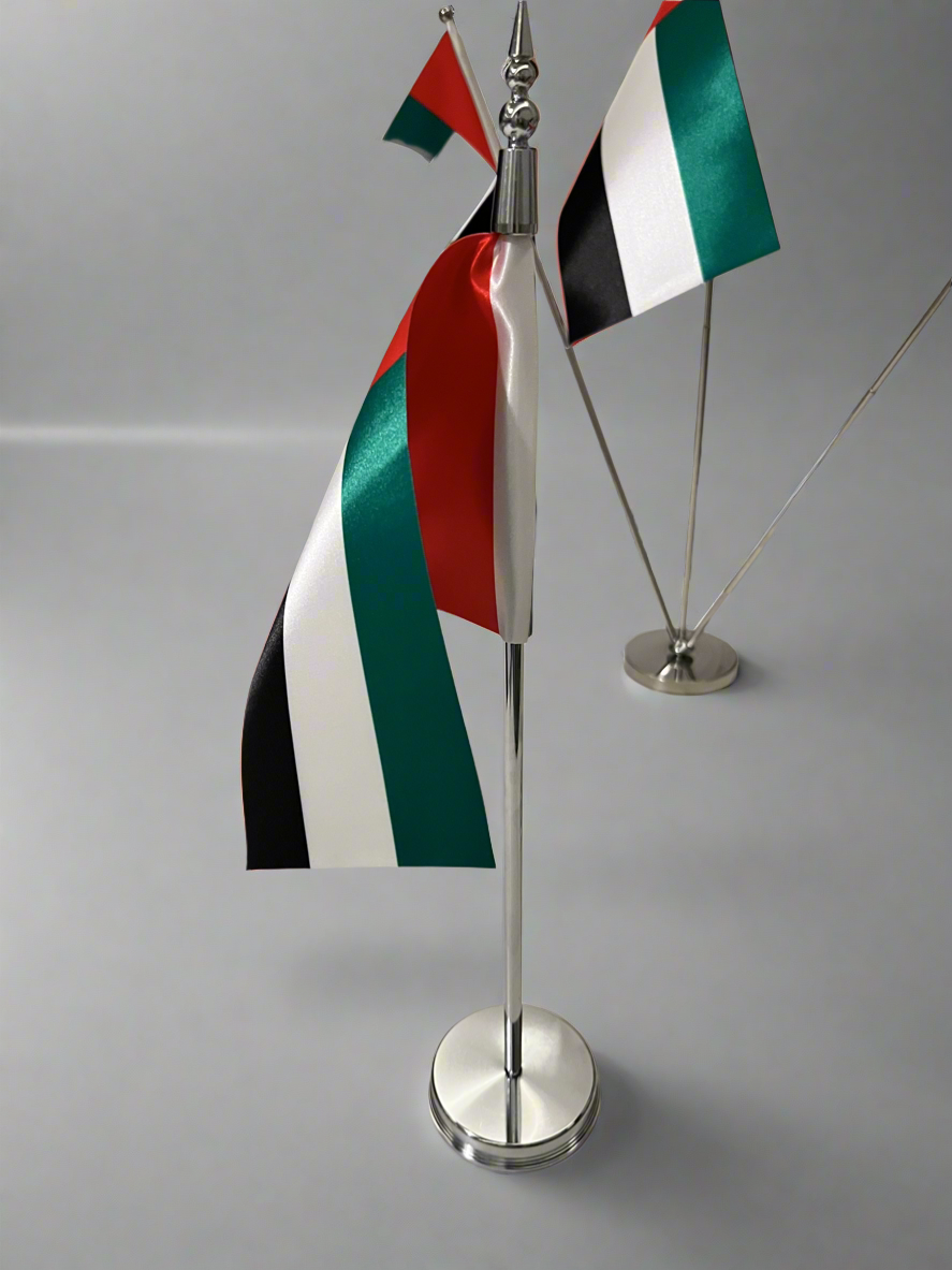 United Arab Emirates Prestige Premium Table Desk Flag | 14 x 21 cm - 1 pc | Double-Sided Satin with 45 cm Steel Pole & Base (Silver/Gold) | Customizable