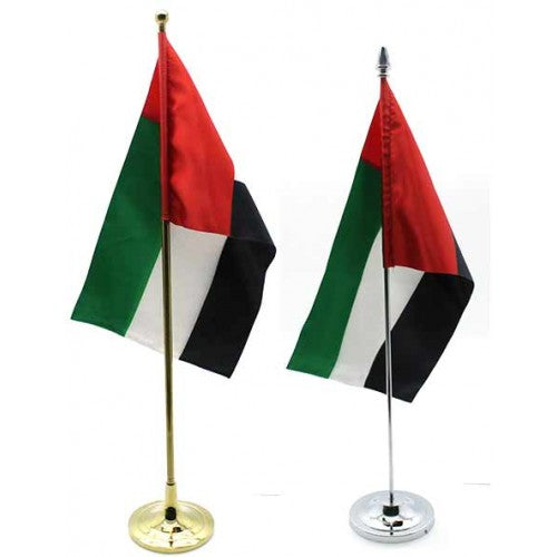 United Arab Emirates Prestige Table Desk Flag | 14 x 21 cm | Double-Sided Satin with 38 cm Steel Pole & Base (Silver/Gold)