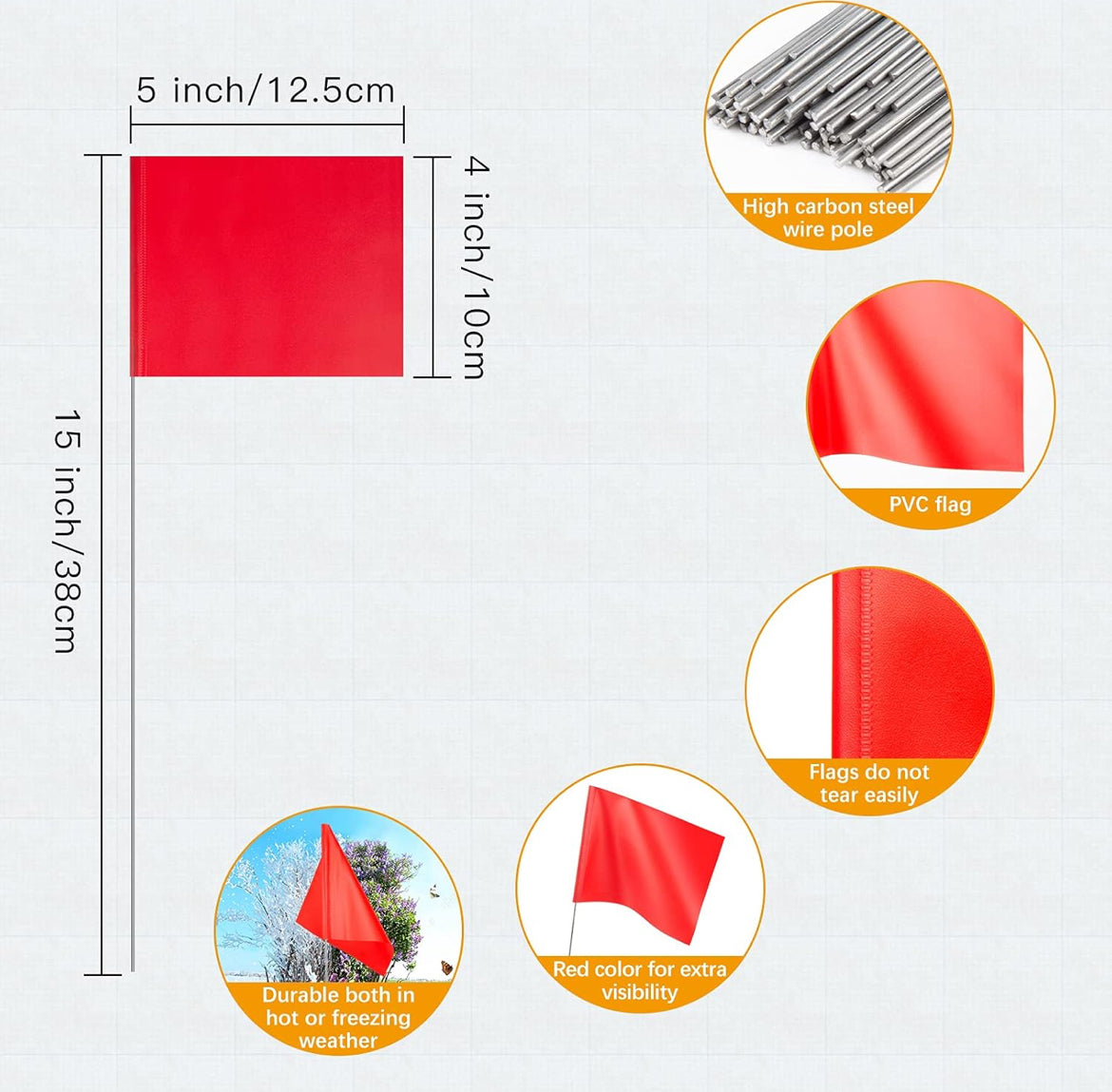Safety Flag | Marking Flag | 50 Pack | 5in x 4in (12.7 x 10.6 cm) PVC Flag with 16 Inch (40 cm) Steel Pole | Warning & Direction Flags for Measuring Wheels