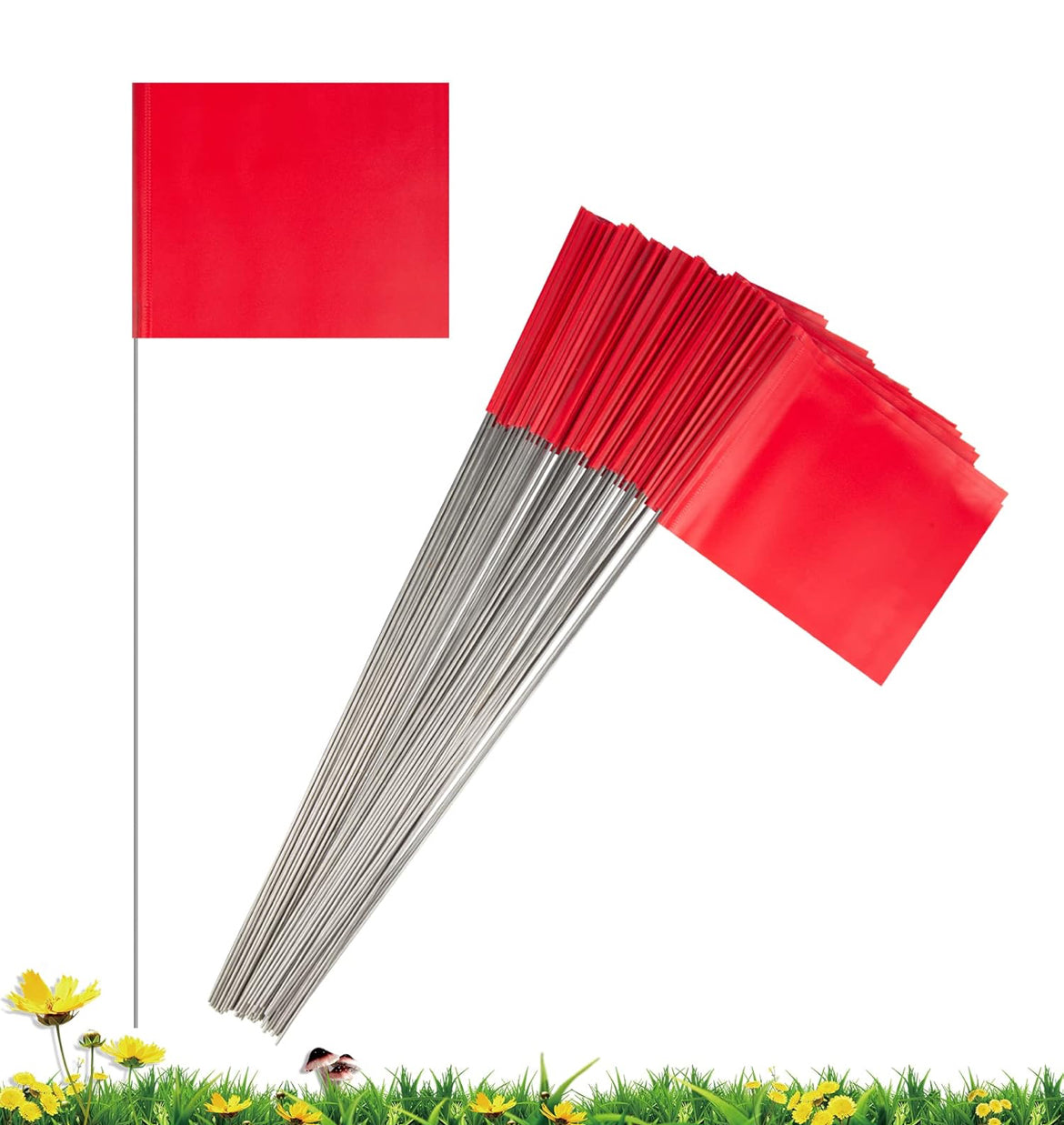 Safety Flag | Marking Flag | 50 Pack | 5in x 4in (12.7 x 10.6 cm) PVC Flag with 16 Inch (40 cm) Steel Pole | Warning & Direction Flags for Measuring Wheels